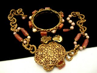 Rare Vintage Signed Miriam Haskell Pink Glass Necklace Bracelet & Earring Set 2