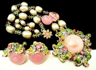Rare Vintage Signed Miriam Haskell Pink Glass 16 " X2 " Necklace & Earring Set A14