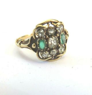 Antique 18ct Gold Nine Stone Ring - Emeralds And Diamonds Uk Size M,