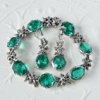 Antique Edwardian Sterling Silver Emerald Green & Clear Paste Bracelet Earrings