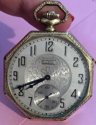 Antique Art Deco Elgin Pocket Watch 15 Jewels Fancy Octagon Gold Engraved Case