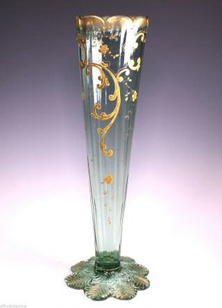 Antique Gold Gilt Enameled Green Glass Applied Foot Vase 12 "
