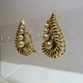 Vintage 14K 14KT Yellow Gold Akoya Pearl Shell Omega Pierced Earrings 11.  4 Grams 6