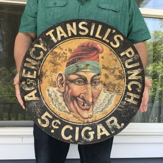 Antique 24 Inch Round Agency Tansill’s Punch 5 Cent Cigar Metal Tin Sign