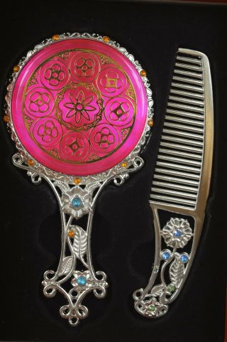 China Souvenir Miao Silver Carve Gilding Flower A Set Hand Mirror & Comb Box