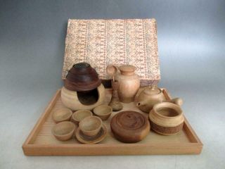 Japanese Old Wooden Miniature Tea Set / Hina Doll/ Teapot,  Tea Caddy Etc.  / 8919