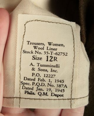 VTG Women ' s 40s WWII WAC WAAC Wool Liner Trousers Sz 12 R 2688 WW2 1940s Pants 4