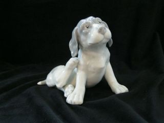 Antique Heubach Germany Sitting Dog Puppy Grey And White Porcelain