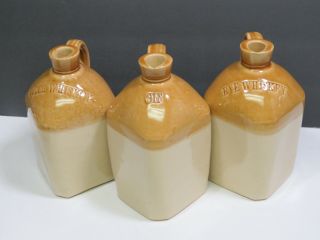 3 English Antique Stoneware Bottles Jugs Gin Rye Whisky Scotch Whiskey Tan Gold