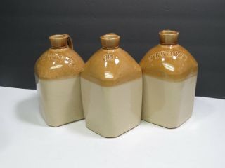 3 English Antique Stoneware Bottles Jugs Gin Rye Whisky Scotch Whiskey Tan Gold 2