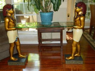 Ancient Egyptian Pharaoh ' s Servant Sculptural Statues & Glass Top Console Table 2