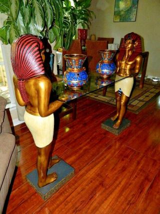 Ancient Egyptian Pharaoh ' s Servant Sculptural Statues & Glass Top Console Table 3