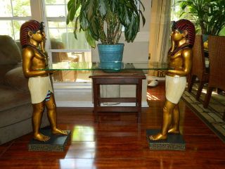Ancient Egyptian Pharaoh ' s Servant Sculptural Statues & Glass Top Console Table 4