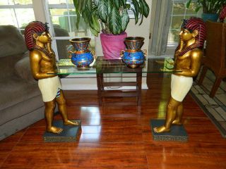 Ancient Egyptian Pharaoh ' s Servant Sculptural Statues & Glass Top Console Table 5