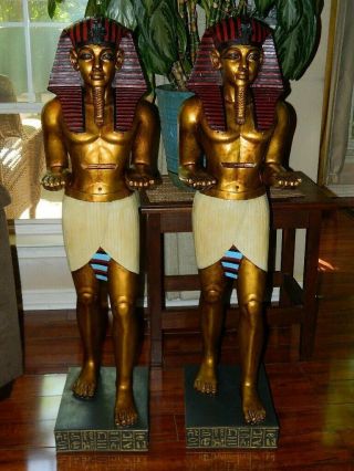 Ancient Egyptian Pharaoh ' s Servant Sculptural Statues & Glass Top Console Table 6