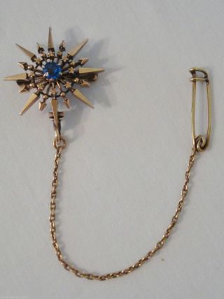14k Rose Gold Victorian 1 " Starburst Sapphire Brooch Safety Pin Arrow 5.  6gr Rare