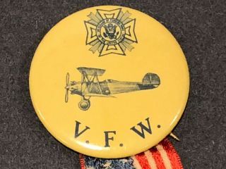 Wwi Vintage Us Army Air Service Biplane Airplane Vfw Celluloid Pin Button Flag
