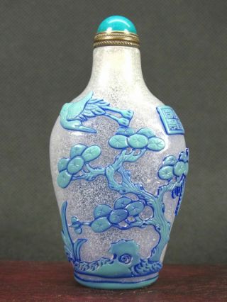 Chinese Mandarin Duck Pine Tree Crane Carved Peking Overlay Glass Snuff Bottle