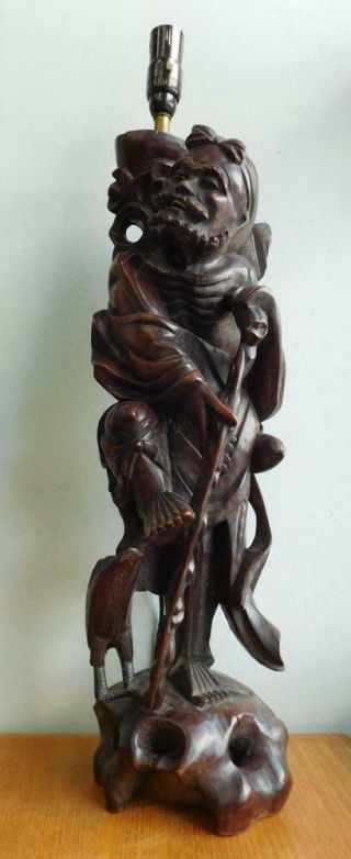 Huge Antique Chinese Carved Rosewood Wise Man Immortal Table Lamp C1900s