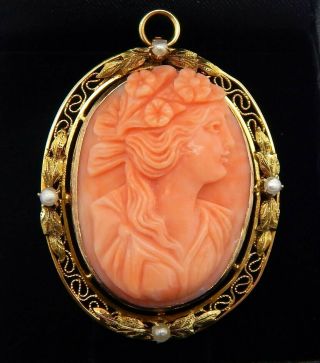 Antique 14k Coral Cameo Pendant Pin Filigree Setting W/ Seed Pearls 9.  2 Grams