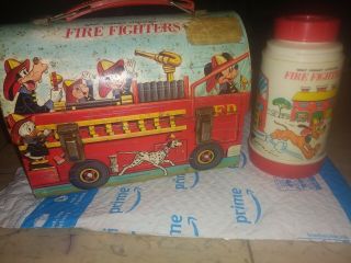 Alladin Walt Disney Doomed Fire Fighter Micky Tin Lunch Box W/thermos