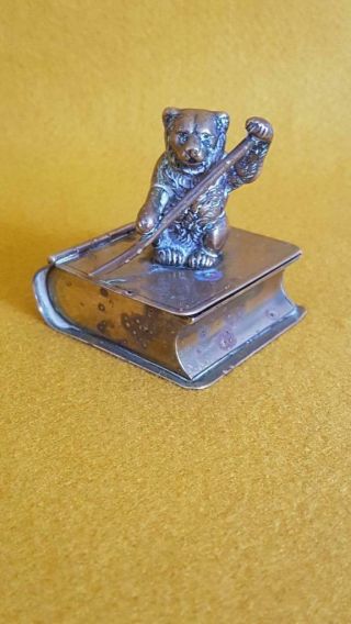 Mid To Late 19th Century Antique Figural Cast Brass Stamp Box W Bear On A Book