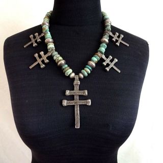Rare 1930s - 1940s Ingot Silver Pueblo Double Bar Cross Necklace Turquoise Beads