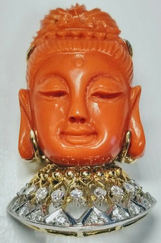 14k Yellow & White Gold 17 Diamonds Carved Coral Buddha Face Pin Brooch Pendant