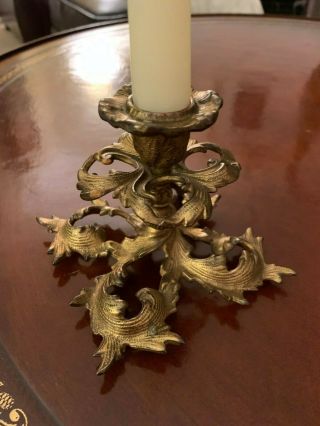 Antique Gilded Gold Iron Candlestick Ornate Scrolls Of Leaves Very Pretty