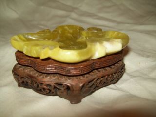 Hand Carved Chinese Jade Stone " Leaf " Dish With Fitted Wooden Stand