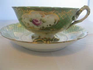 Mustache Tea Cup And Saucer 6 Footed Base Floral Kelly Green Gold Trim Rare
