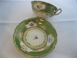 Mustache Tea Cup and Saucer 6 Footed Base Floral Kelly Green Gold Trim Rare 2