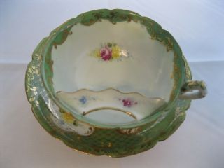 Mustache Tea Cup and Saucer 6 Footed Base Floral Kelly Green Gold Trim Rare 3