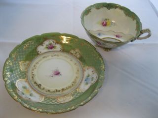 Mustache Tea Cup and Saucer 6 Footed Base Floral Kelly Green Gold Trim Rare 4