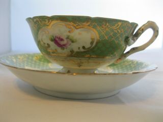 Mustache Tea Cup and Saucer 6 Footed Base Floral Kelly Green Gold Trim Rare 5
