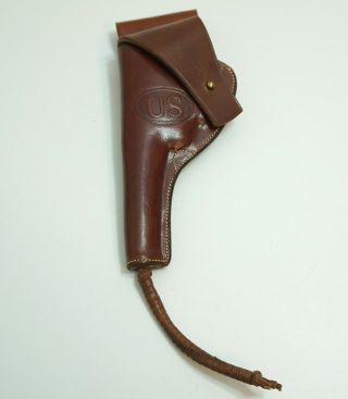Vintage Wwii Era Us Brown Leather Belt Holster Victory Revolver Unissued Lanyard