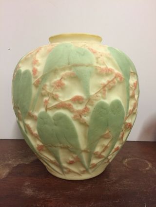 Antique Phoenix Art Glass Lovebird Vase Tri Color Large Vase Circa 1926 10.  5”