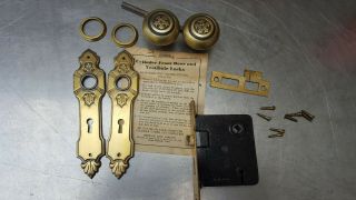 Antique Norwalk Vintage Mortise Door Lock W/ Ornate Knob Set & 2 Backplates