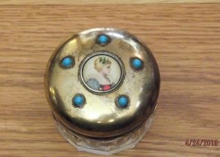 Victorian Sterling Silver Powder Jar W/ Jeweled Top And Porcelain Portrait