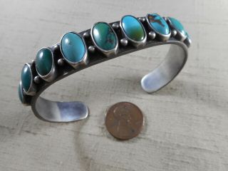 Fred Harvey Era Ingot Silver Navajo 9 Stone Natural Turquoise Bracelet