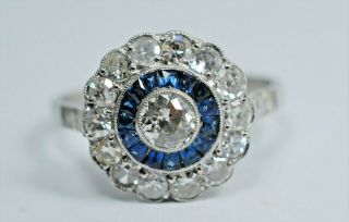 Antique Art Deco Platinum 1.  12 Ct Diamond & Sapphire Halo Ring