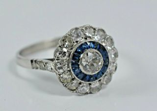 ANTIQUE ART DECO Platinum 1.  12 CT Diamond & Sapphire Halo Ring 3