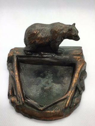 Vintage Bronzed Or Copper Grizzly Bear On A Log Change Tray.  Spelter Ware?