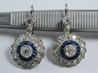 Antique Art Deco Platinum 2.  26 Ct Diamond & 0.  45 Ct Sapphire Halo Drop Earrings