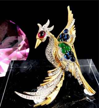 Gorgeous Marcel Boucher Gold Sapphire Emerald Cabochon Bird Of Paradise Brooch