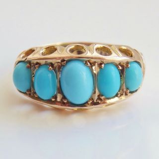 Stunning Antique Edwardian 9ct Gold Turquoise Cabochon Five Stone Ring C1906