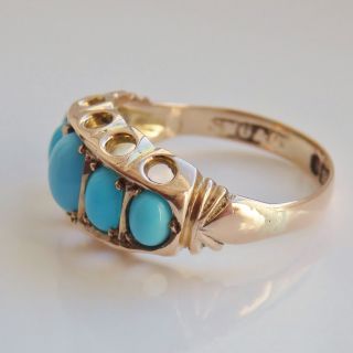 Stunning Antique Edwardian 9ct Gold Turquoise Cabochon Five Stone Ring c1906 4