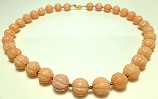 14k Yellow Gold Angel Skin Pink White Coral Carved 12mm Bead Strand Necklace 19 "