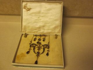 4pc Antique BOHEMIAN Cut RED GARNET Necklace,  Broach,  Ear Rings  LOOK 10