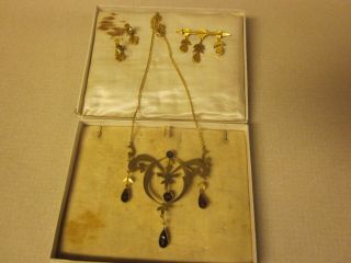 4pc Antique BOHEMIAN Cut RED GARNET Necklace,  Broach,  Ear Rings  LOOK 6